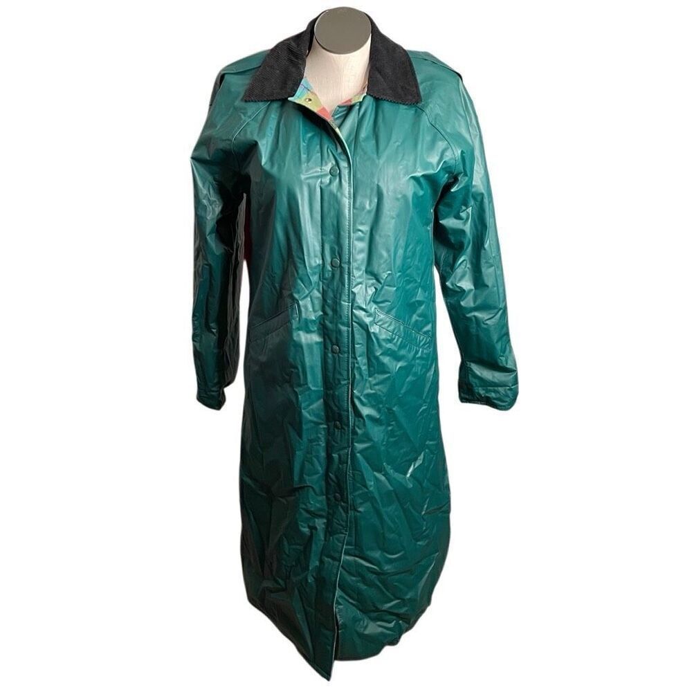 Vtg Misty Harbor Womens Any Weather Slicker Jacket S Teal Flannel Plaid Lined
